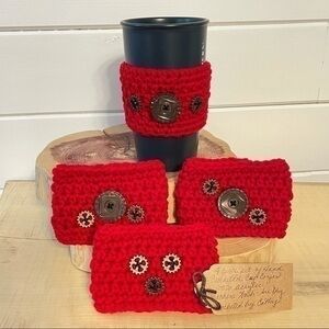 Handmade Crochet 4-pack Reusable Can Cup Huggies Koozies Red Gear Accents